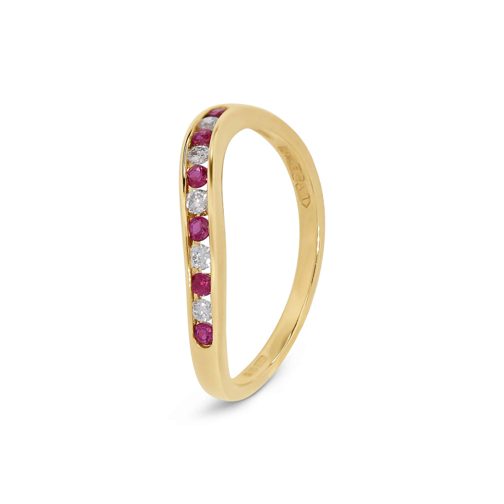 Stacking Ring: Curved Ruby and Diamond Band in 18k Yellow Gold