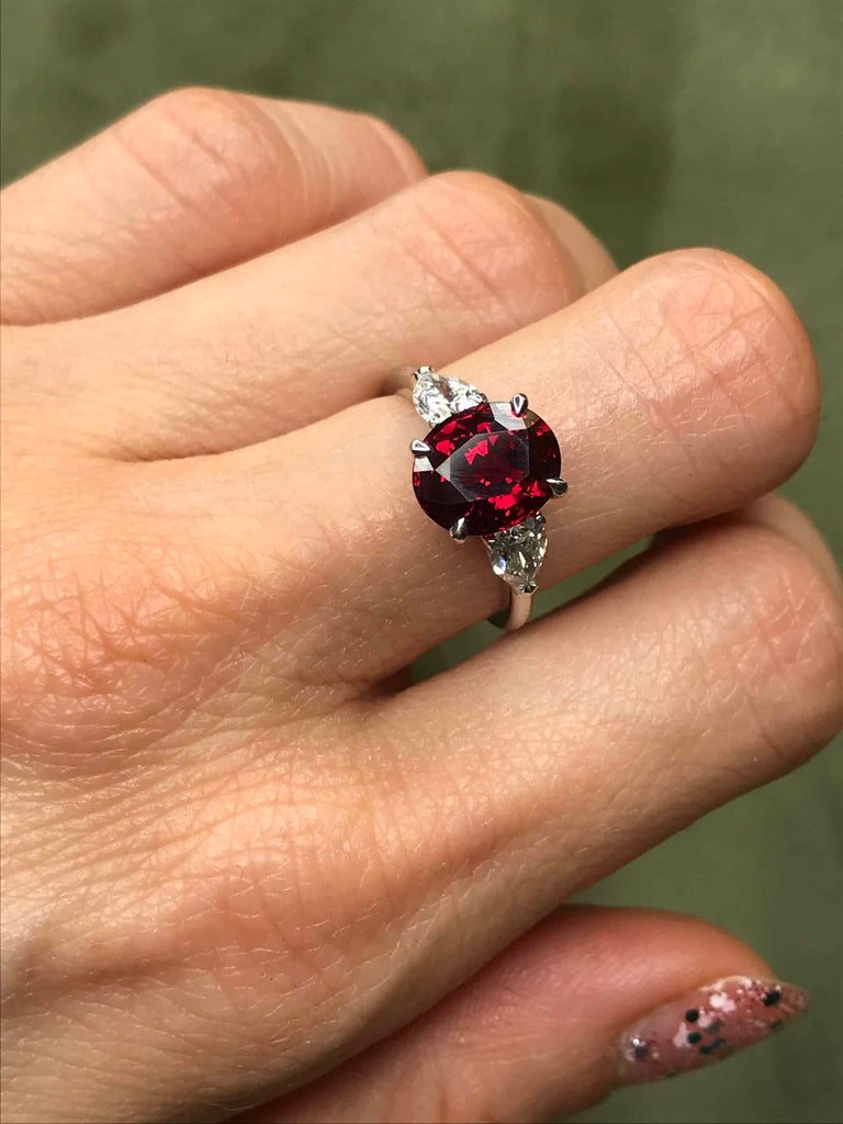 Engagement Ring: Vivid Red Ruby Three Stone Ring in Platinum