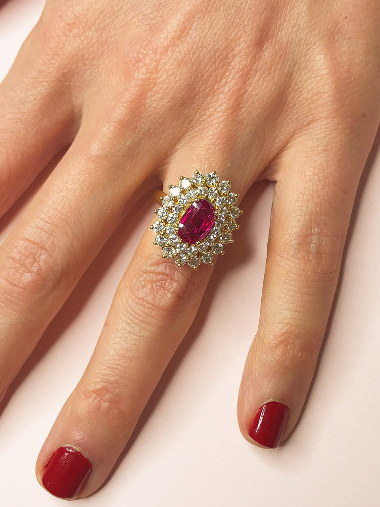 Cocktail Ring: Ruby Double Halo Ring in 14k Yellow Gold