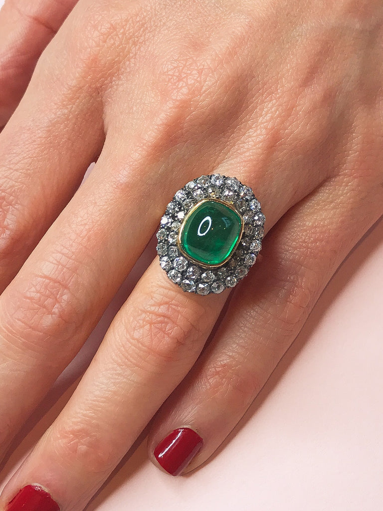 Cocktail Ring: Vintage Style Cabochon Emerald Double Halo Ring