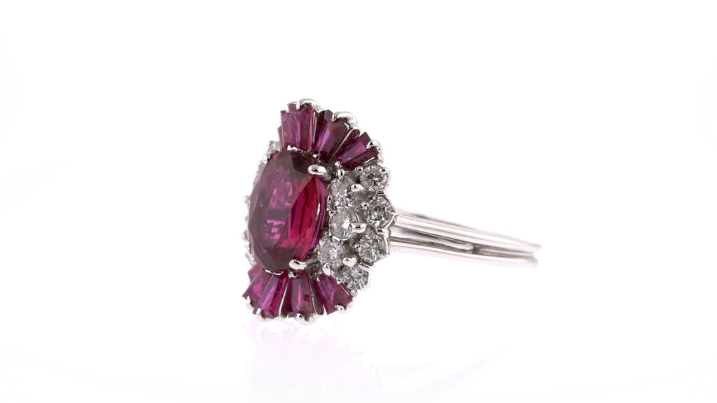 Cocktail Ring: Ruby and Diamond Halo Ring in 18k White Gold