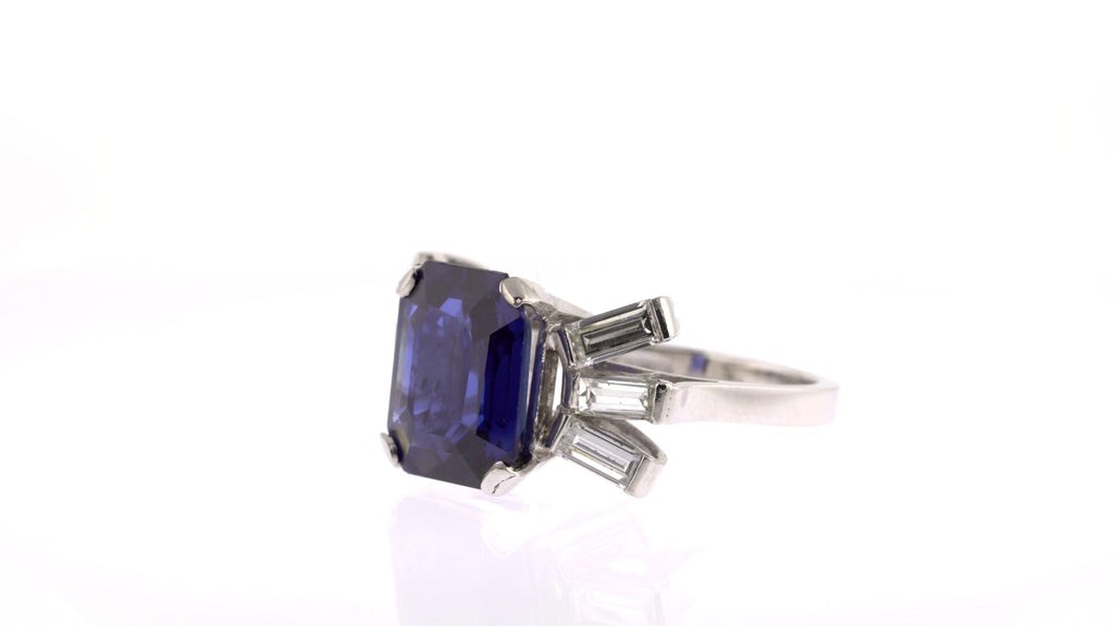 Cocktail Ring: Emerald Cut Sapphire and Diamond in Platinum