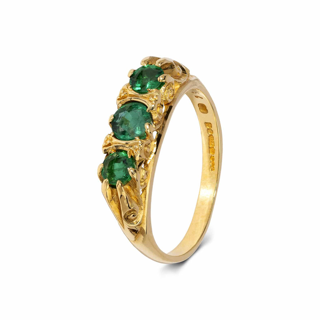 Vintage Style Ring: Emerald Three Stone Ring in 18k Yellow Gold