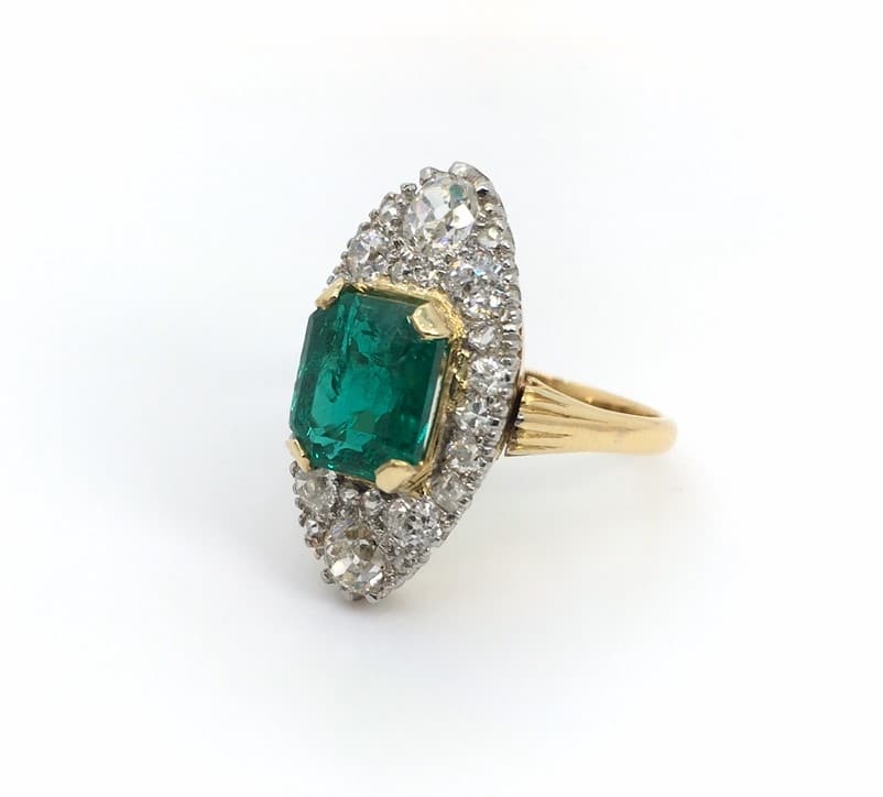 Cocktail Ring: Emerald and Diamond Navette Ring in 18k Yellow Gold