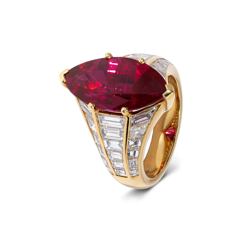 Cocktail Ring: Marquise Ruby Ring in 18k Yellow Gold