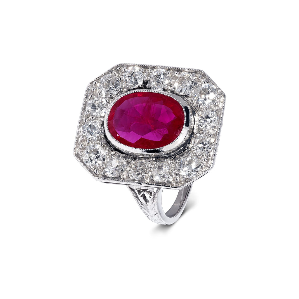 Cocktail Ring: Ruby and Diamond Cluster Ring in 14k White Gold