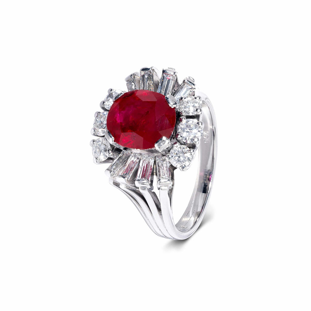 Engagement Ring: Oval Ruby Halo Ring in 18k White Gold