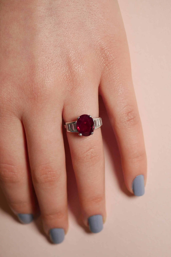 Cocktail Ring: Oval Ruby and Diamond Ring in Platinum