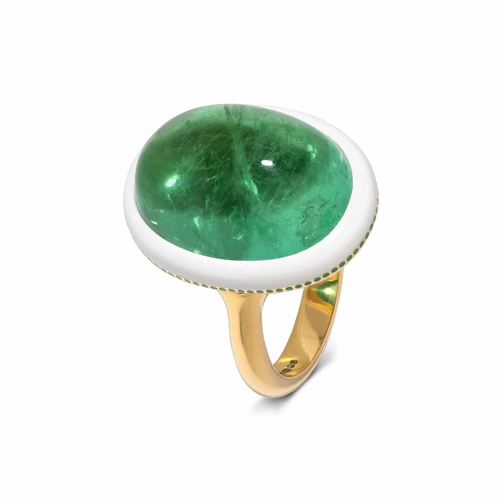Cocktail Ring: Cabochon Emerald and Ceramic Ring in 18k Yellow Gold