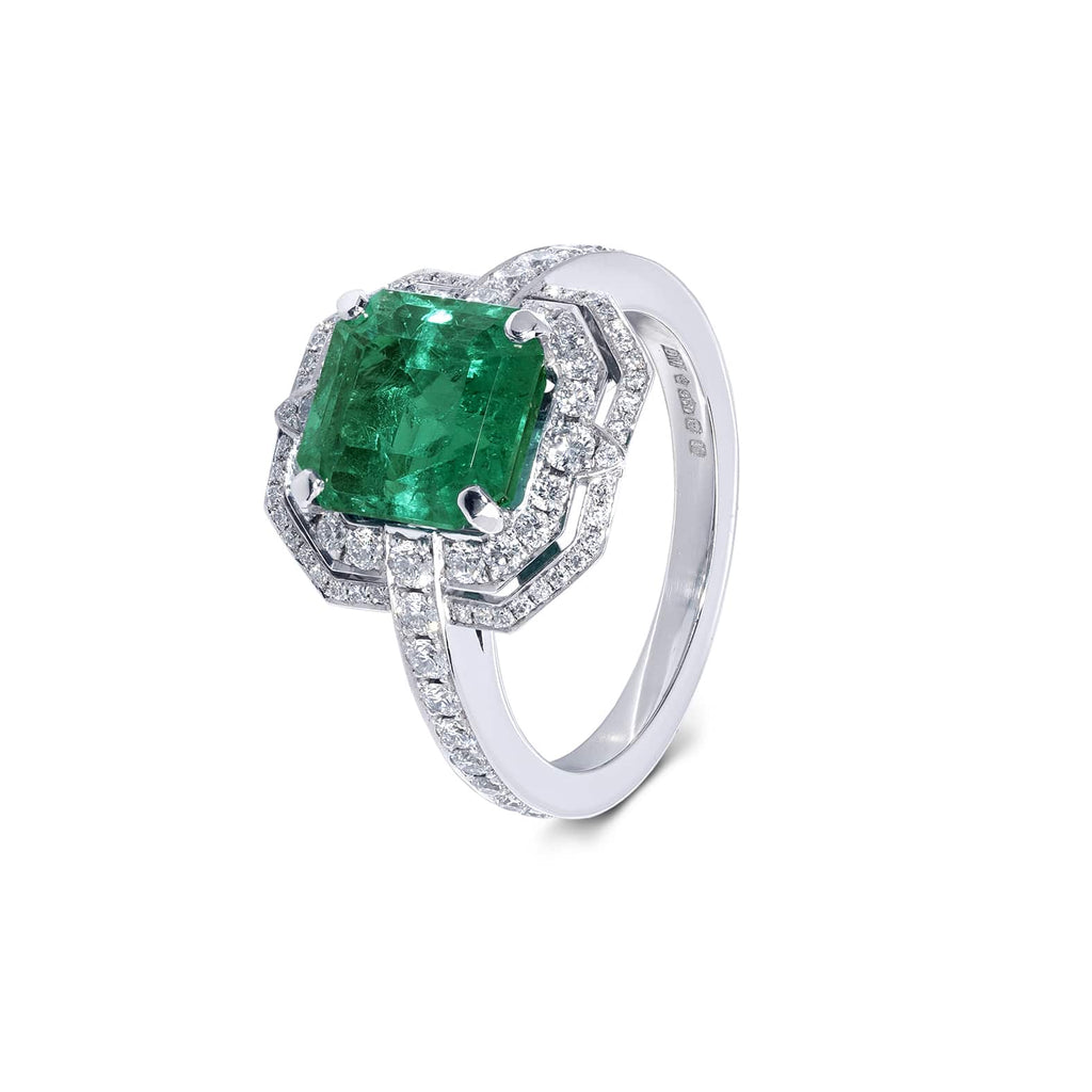 Cocktail Ring: Art Deco Emerald Halo Ring in Platinum