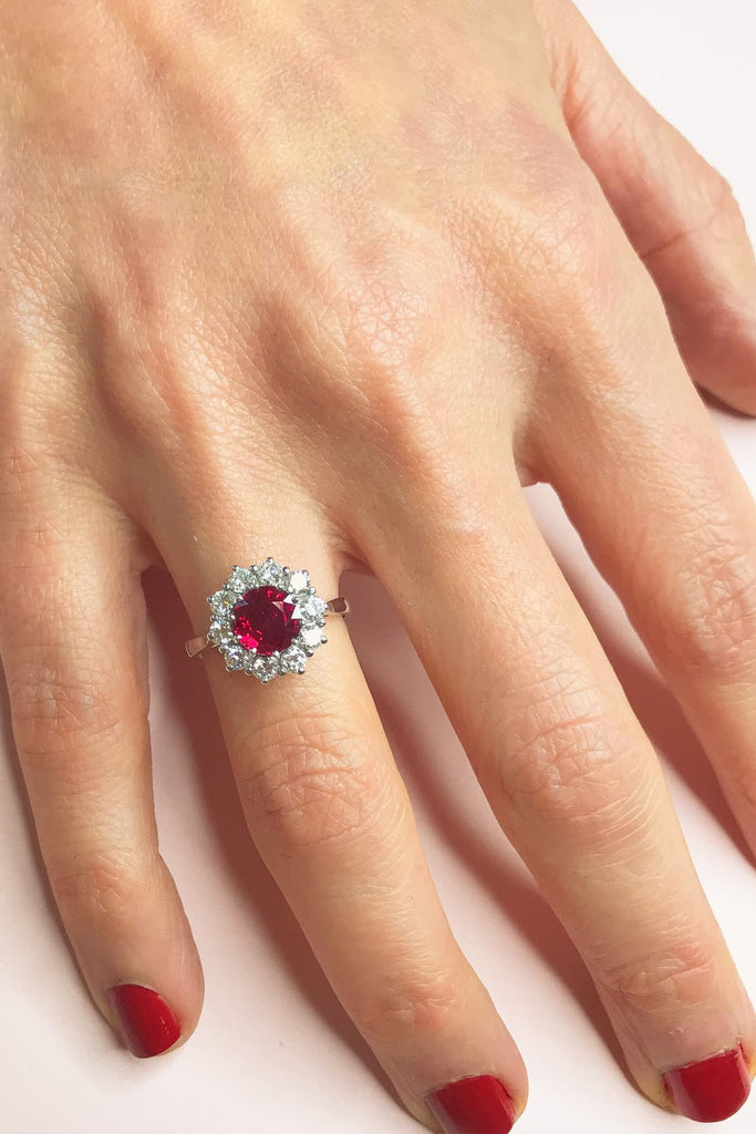 Engagement Ring: Round Ruby Halo Ring in Platinum