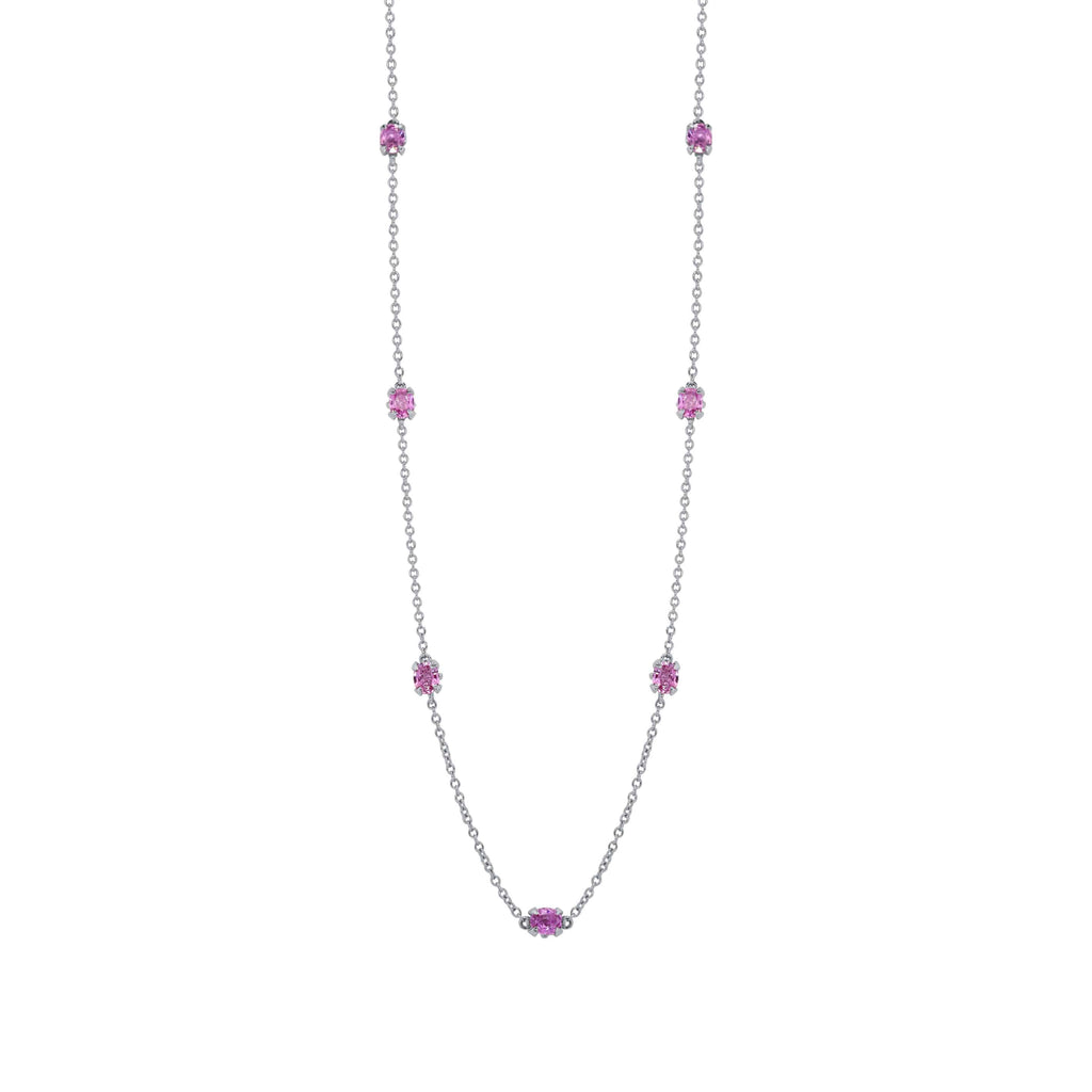 Gold Necklace: Pink Sapphire Station Necklace in 18k White Gold
