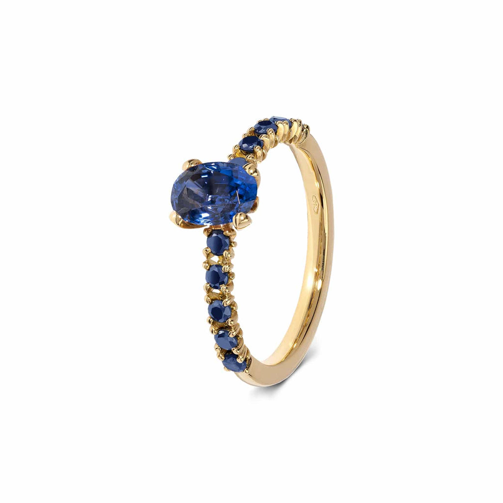Solitaire Ring: Oval Sapphire and Pave Set Ring in 18k Yellow Gold