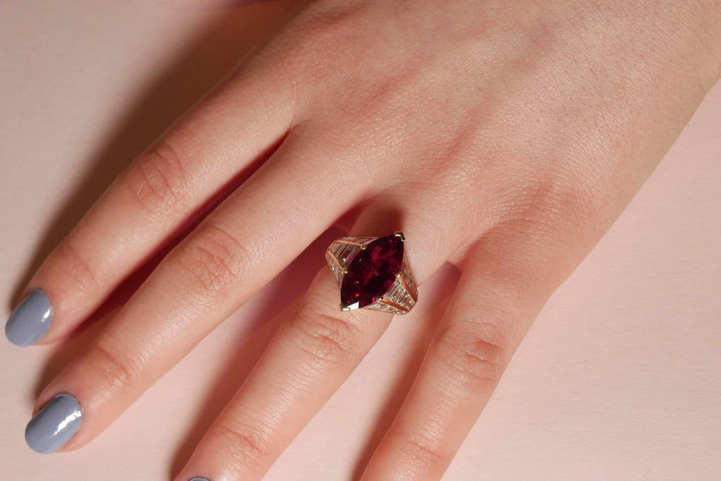 Cocktail Ring: Marquise Ruby Ring in 18k Yellow Gold
