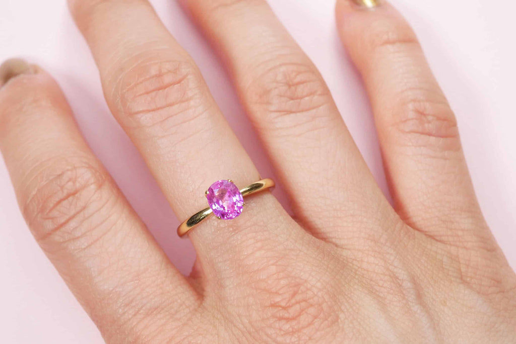 Solitaire Ring: Oval Pink Sapphire Ring in 18k Yellow Gold
